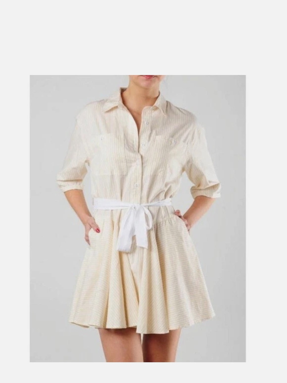 Free People Cream and White Striped Button-Front Shirt Dress With Drop Waist - Picture 12 of 12